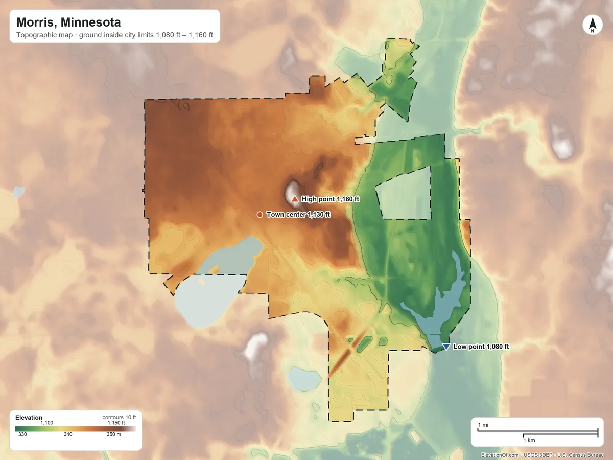 Topographic elevation map of Morris, Minnesota, shaded from 1,080 ft on the southeast side to 1,160 ft near the middle