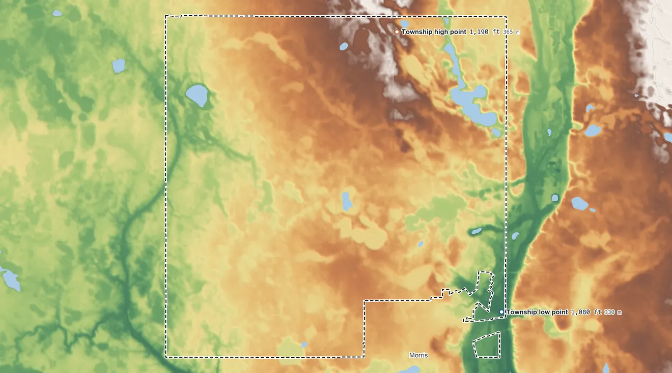 Topographic elevation map of Morris Township, Minnesota, shaded from 1,080 ft on the southeast side to 1,190 ft on the north side