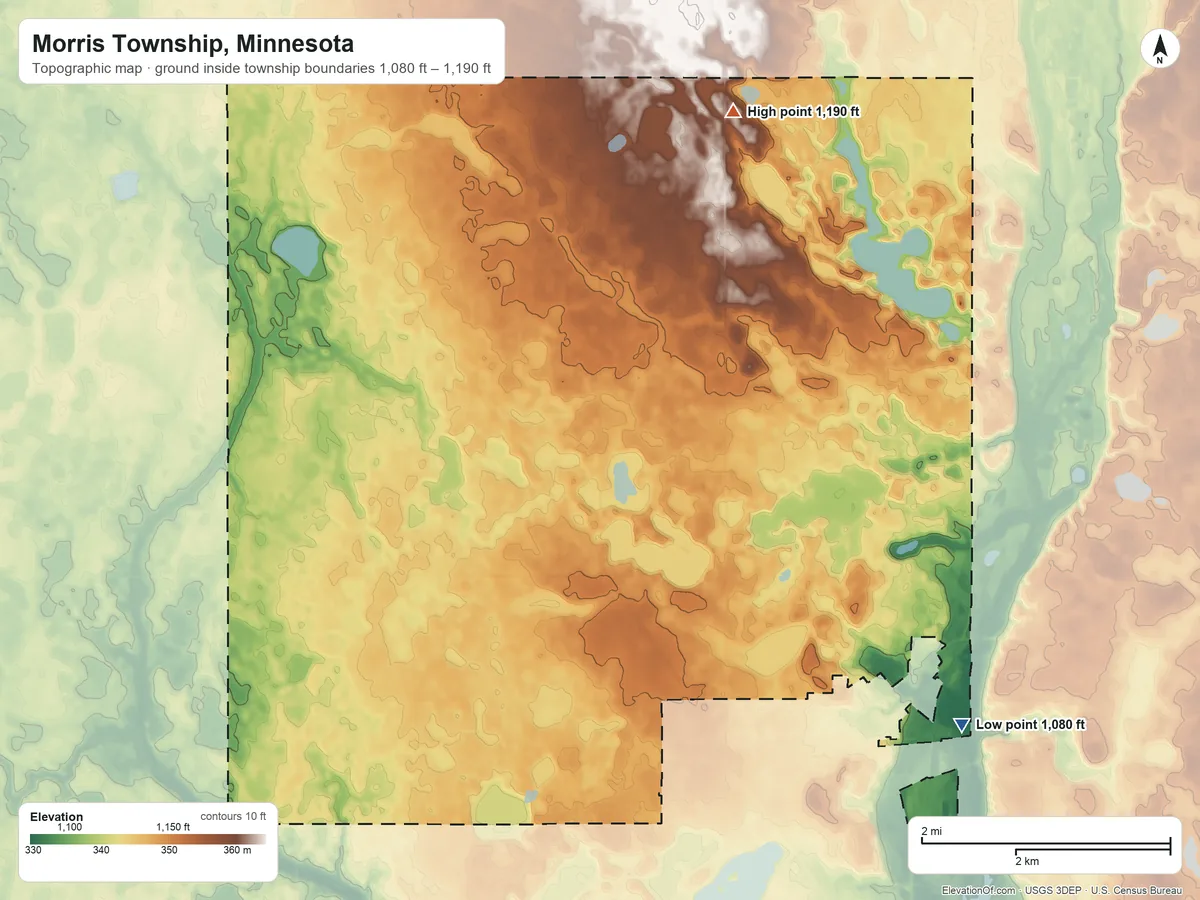 Topographic elevation map of Morris Township, Minnesota, shaded from 1,080 ft on the southeast side to 1,190 ft on the north side