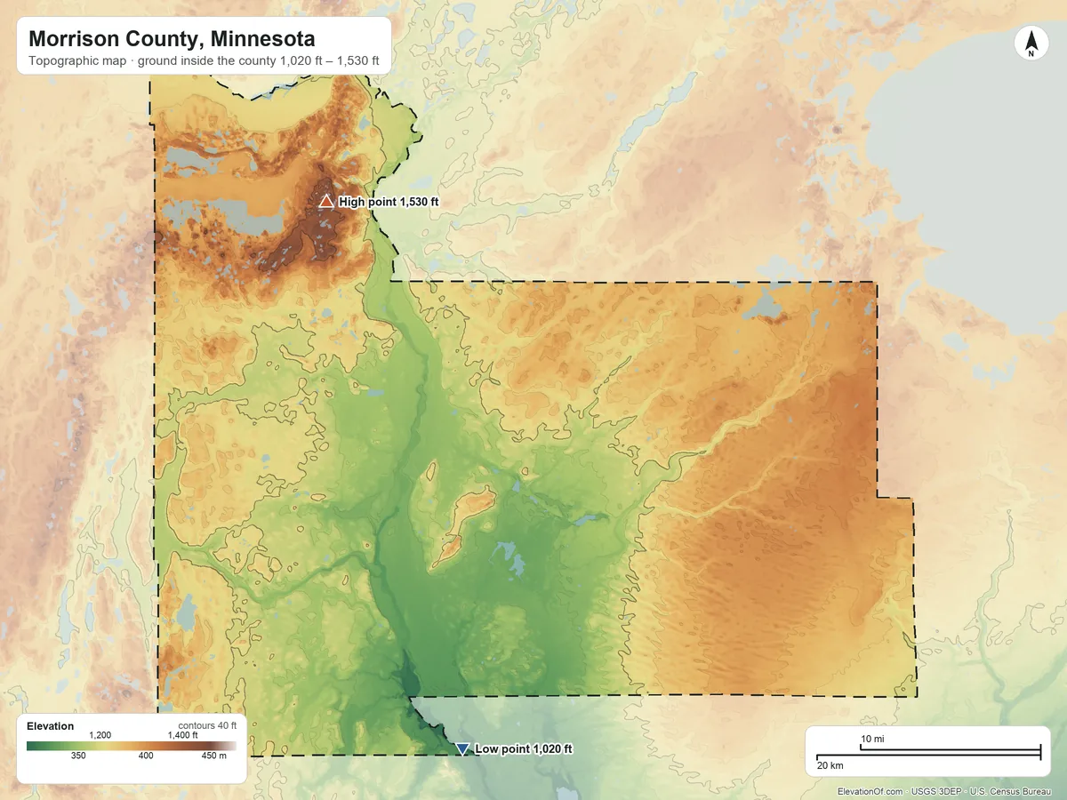 Topographic elevation map of Morrison County, Minnesota, shaded from 1,020 ft on the south side to 1,530 ft on the northwest side