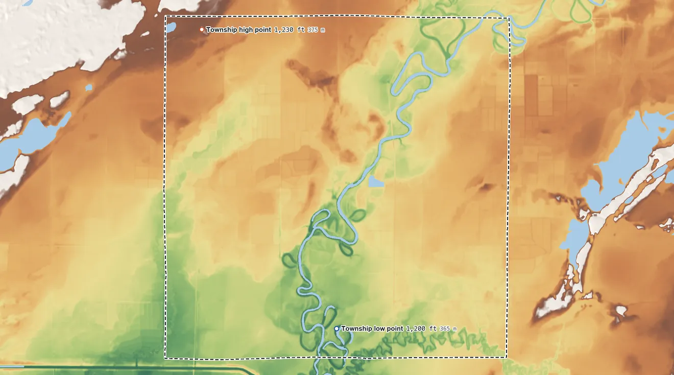 Topographic elevation map of Morrison Township, Minnesota, shaded from 1,200 ft on the southwest side to 1,230 ft on the northwest side
