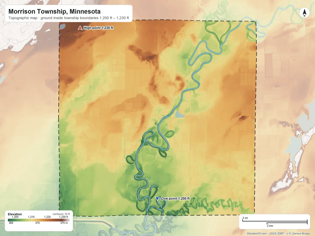 Topographic elevation map of Morrison Township, Minnesota, shaded from 1,200 ft on the southwest side to 1,230 ft on the northwest side