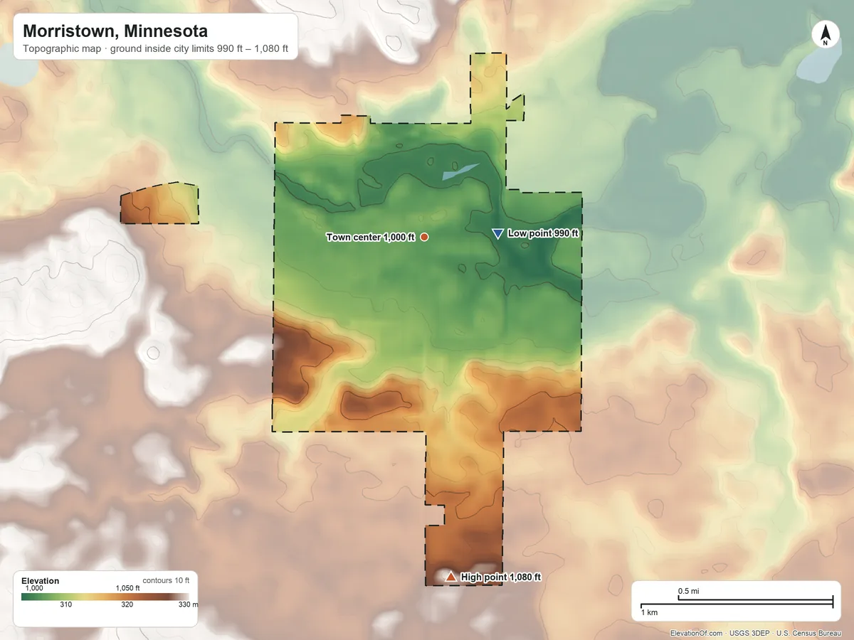 Topographic elevation map of Morristown, Minnesota, shaded from 990 ft on the east side to 1,080 ft on the south side