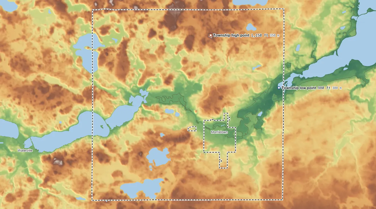 Topographic elevation map of Morristown Township, Minnesota, shaded from 980 ft on the east side to 1,150 ft on the north side