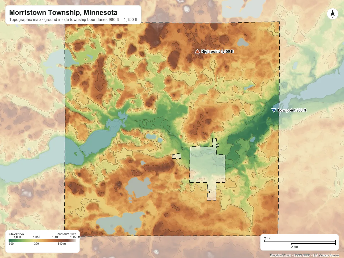 Topographic elevation map of Morristown Township, Minnesota, shaded from 980 ft on the east side to 1,150 ft on the north side