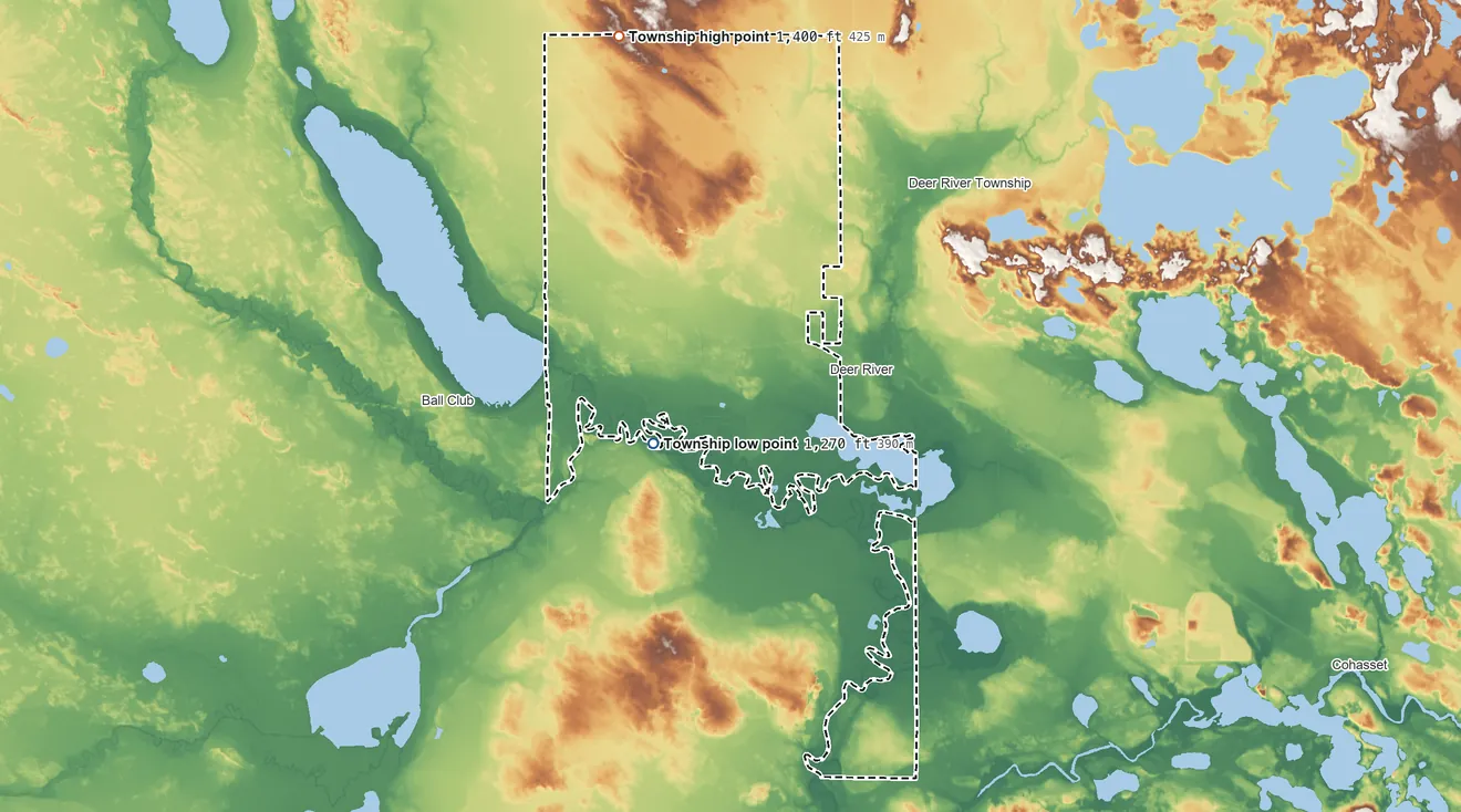 Topographic elevation map of Morse Township, Itasca County, Minnesota, shaded from 1,270 ft on the south side to 1,400 ft on the north side