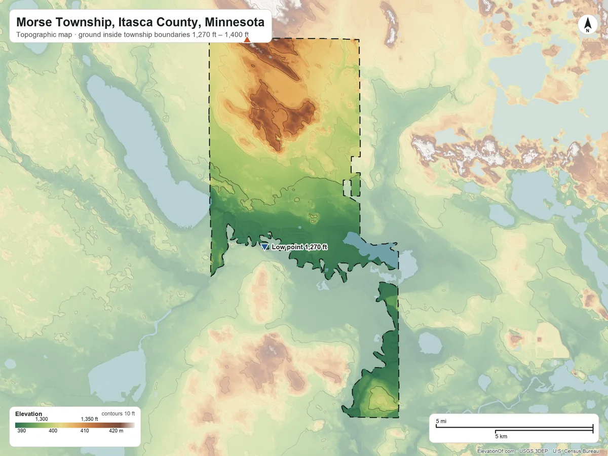 Topographic elevation map of Morse Township, Itasca County, Minnesota, shaded from 1,270 ft on the south side to 1,400 ft on the north side