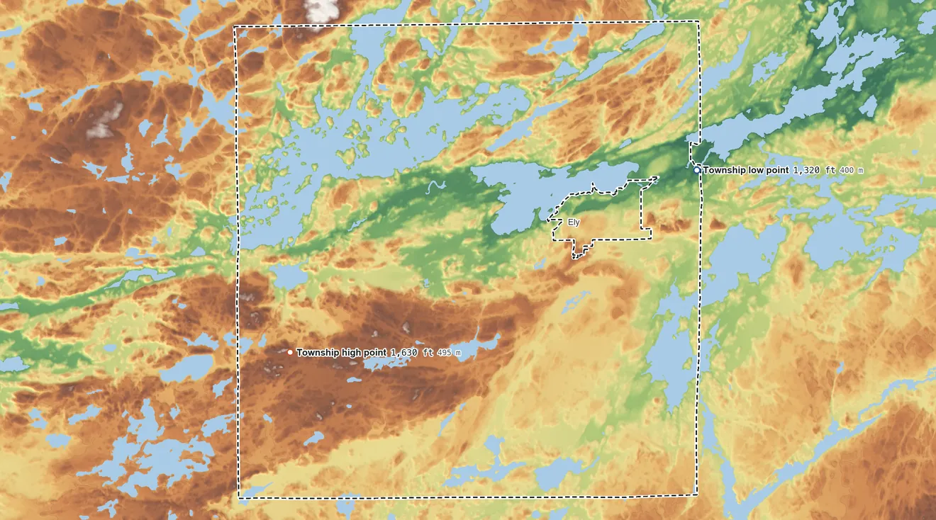 Topographic elevation map of Morse Township, Minnesota, shaded from 1,320 ft on the northeast side to 1,630 ft on the west side