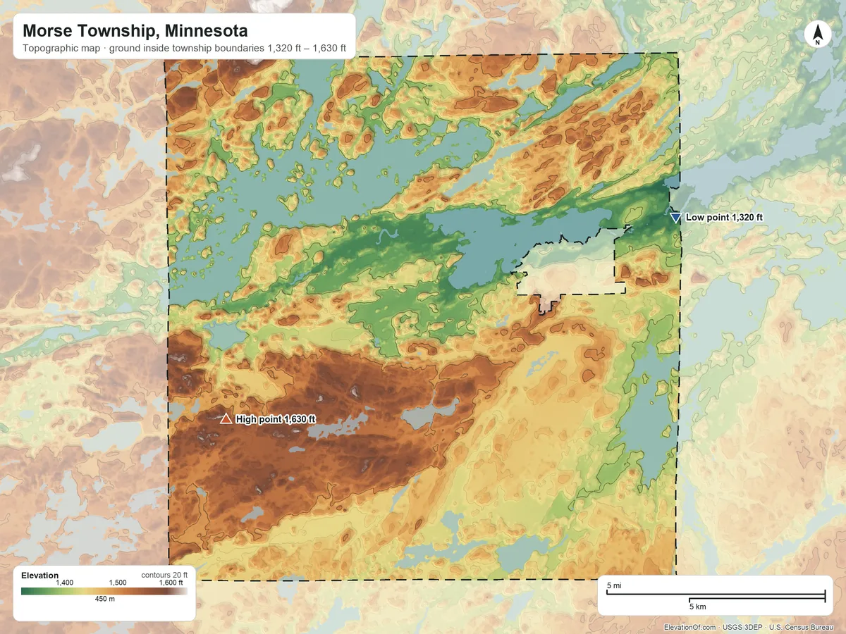 Topographic elevation map of Morse Township, Minnesota, shaded from 1,320 ft on the northeast side to 1,630 ft on the west side