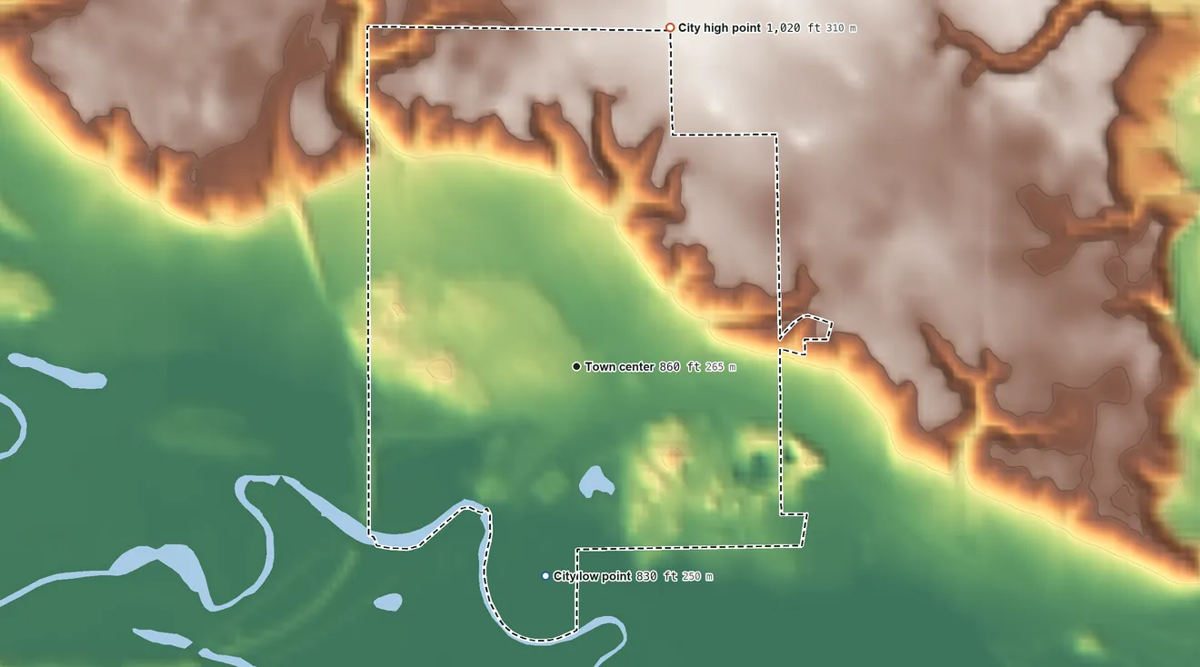 Topographic elevation map of Morton, Minnesota, shaded from 830 ft on the south side to 1,020 ft on the north side