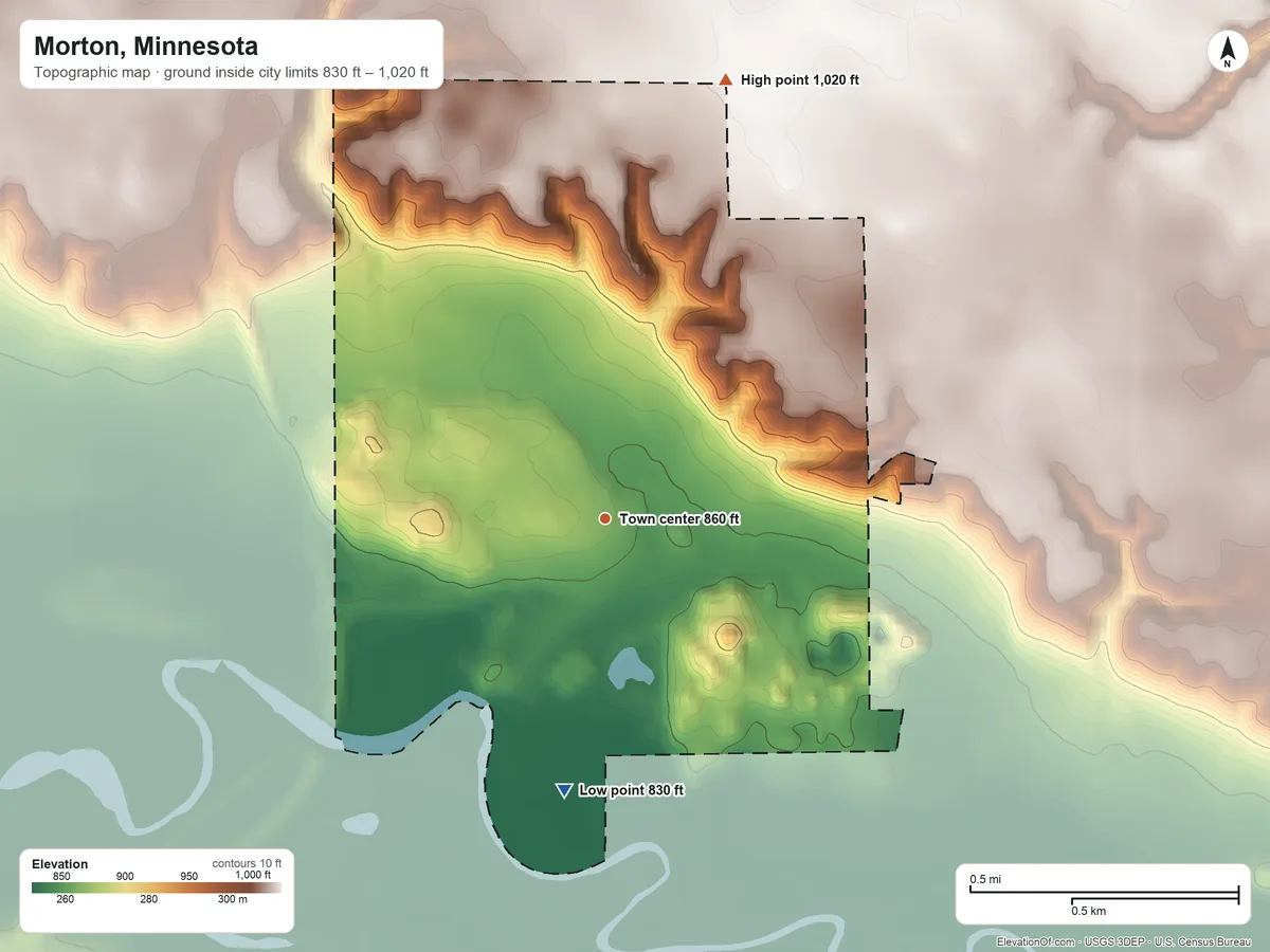 Topographic elevation map of Morton, Minnesota, shaded from 830 ft on the south side to 1,020 ft on the north side