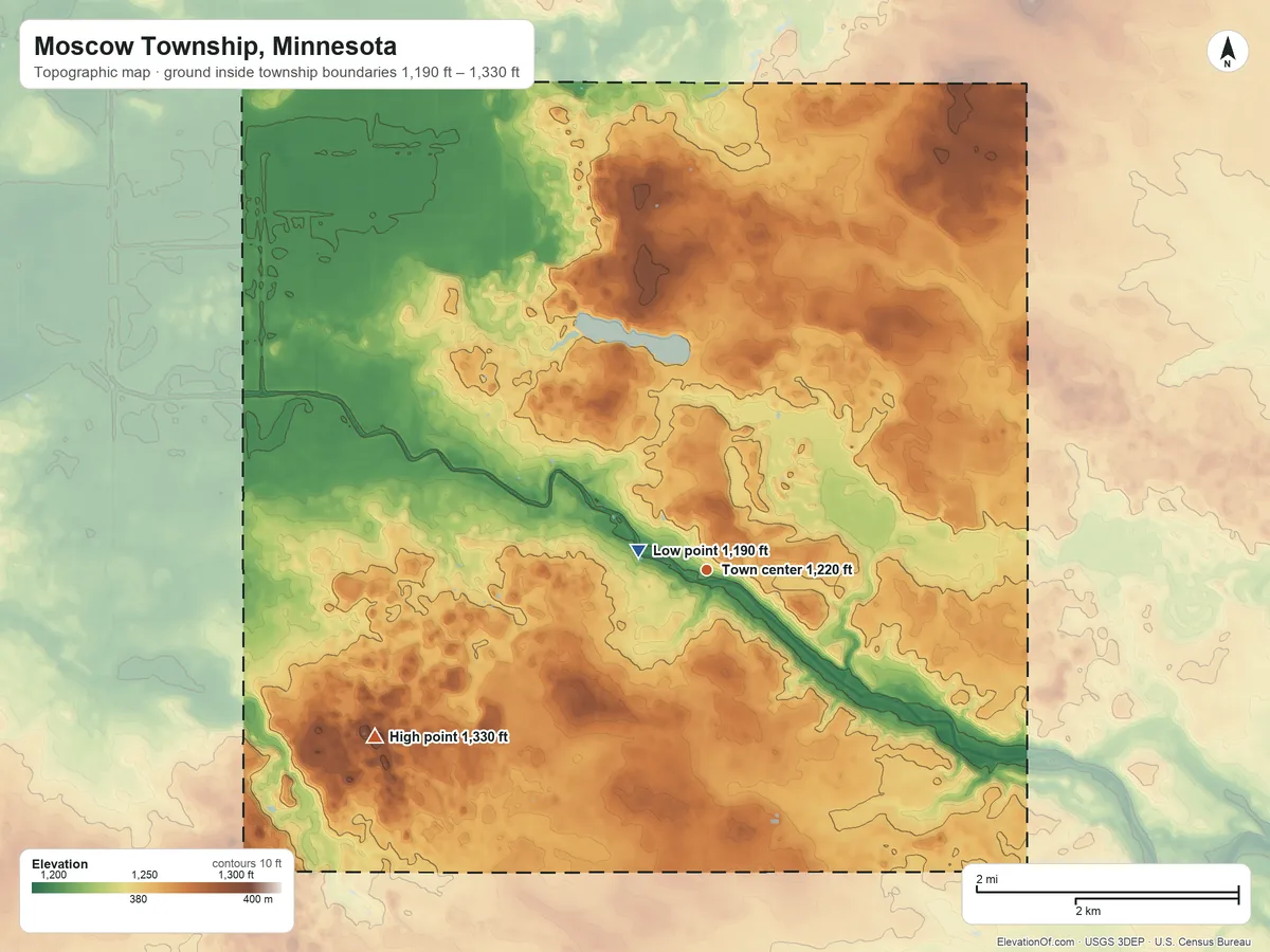 Topographic elevation map of Moscow Township, Minnesota, shaded from 1,190 ft near the middle to 1,330 ft on the southwest side