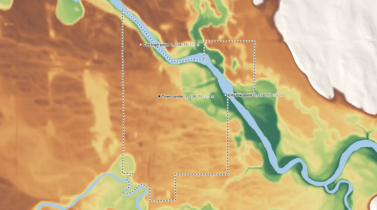 Topographic elevation map of Motley, Minnesota, shaded from 1,210 ft on the east side to 1,240 ft on the north side