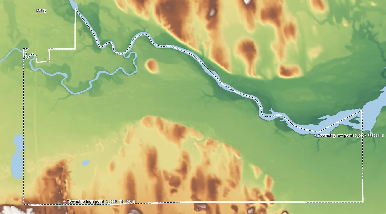 Topographic elevation map of Motley Township, Minnesota, shaded from 1,200 ft on the east side to 1,320 ft on the southwest side