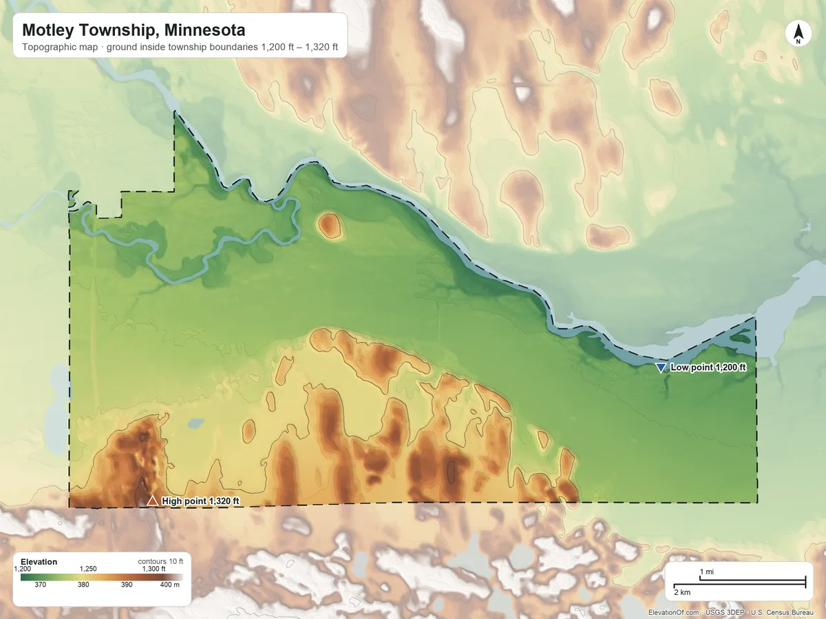 Topographic elevation map of Motley Township, Minnesota, shaded from 1,200 ft on the east side to 1,320 ft on the southwest side