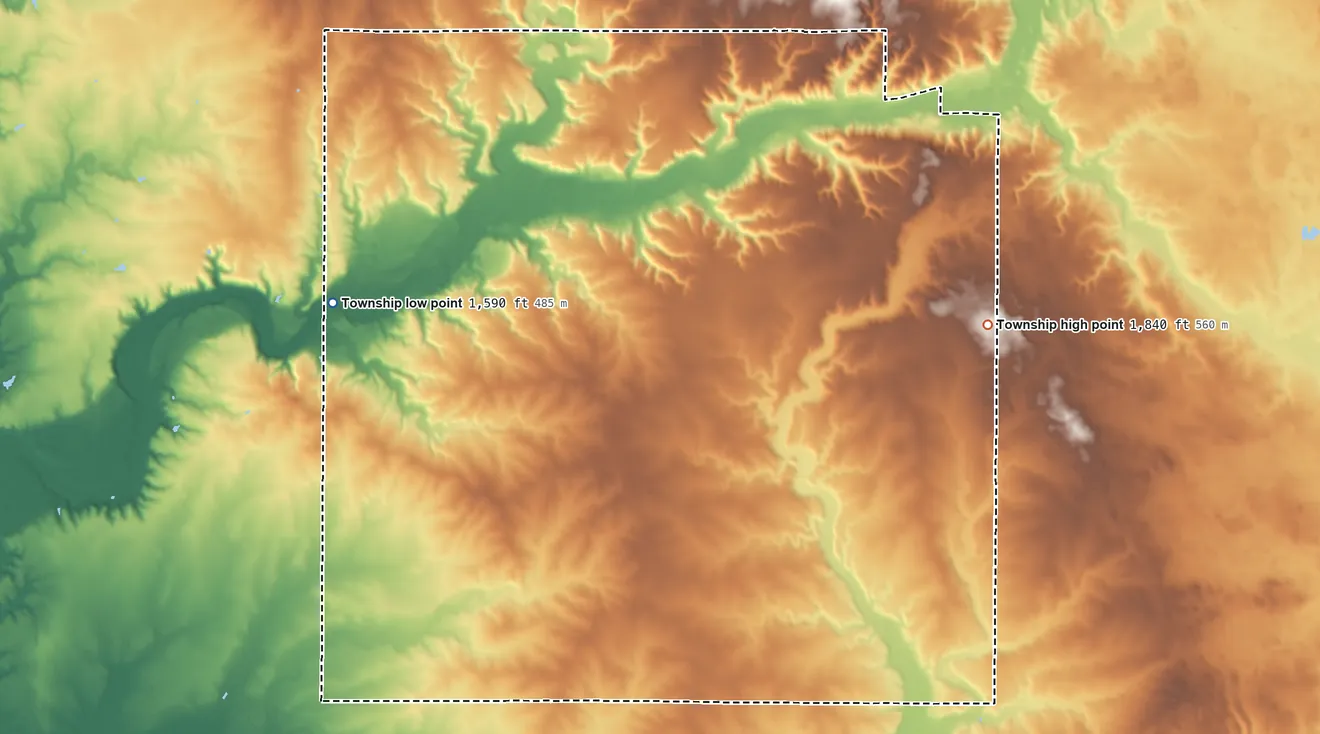 Topographic elevation map of Moulton Township, Minnesota, shaded from 1,590 ft on the west side to 1,840 ft on the east side