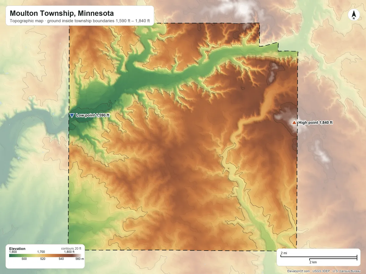 Topographic elevation map of Moulton Township, Minnesota, shaded from 1,590 ft on the west side to 1,840 ft on the east side