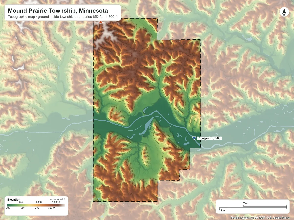 Topographic elevation map of Mound Prairie Township, Minnesota, shaded from 650 ft on the east side to 1,300 ft on the north side