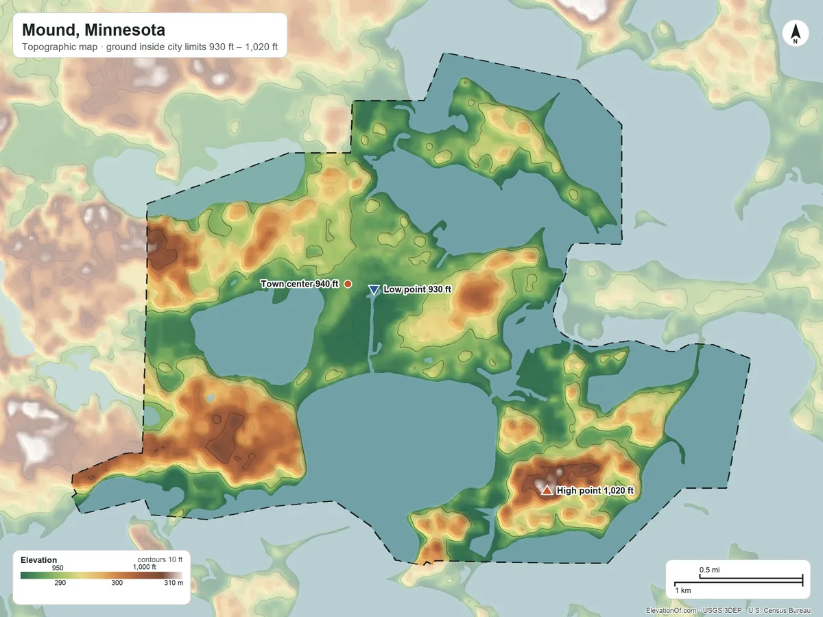 Topographic elevation map of Mound, Minnesota, shaded from 930 ft near the middle to 1,020 ft on the southeast side