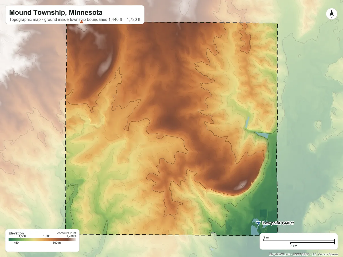 Topographic elevation map of Mound Township, Minnesota, shaded from 1,440 ft on the southeast side to 1,720 ft on the northwest side