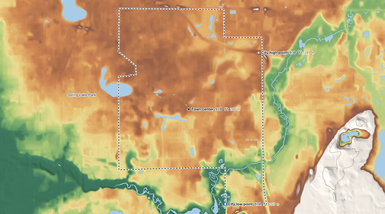 Topographic elevation map of Mounds View, Minnesota, shaded from 870 ft on the south side to 930 ft on the northeast side