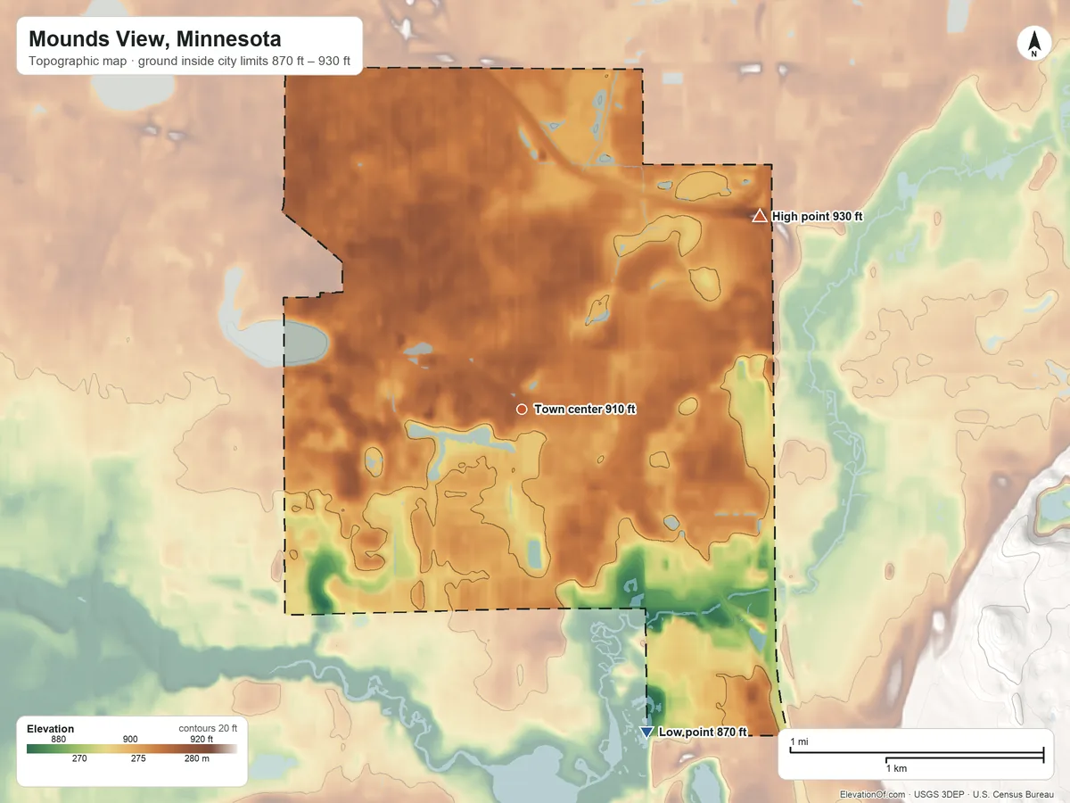 Topographic elevation map of Mounds View, Minnesota, shaded from 870 ft on the south side to 930 ft on the northeast side