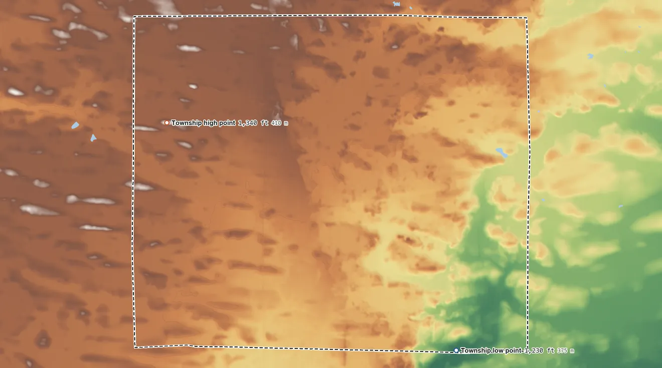 Topographic elevation map of Mount Morris Township, Minnesota, shaded from 1,230 ft on the southeast side to 1,340 ft on the west side