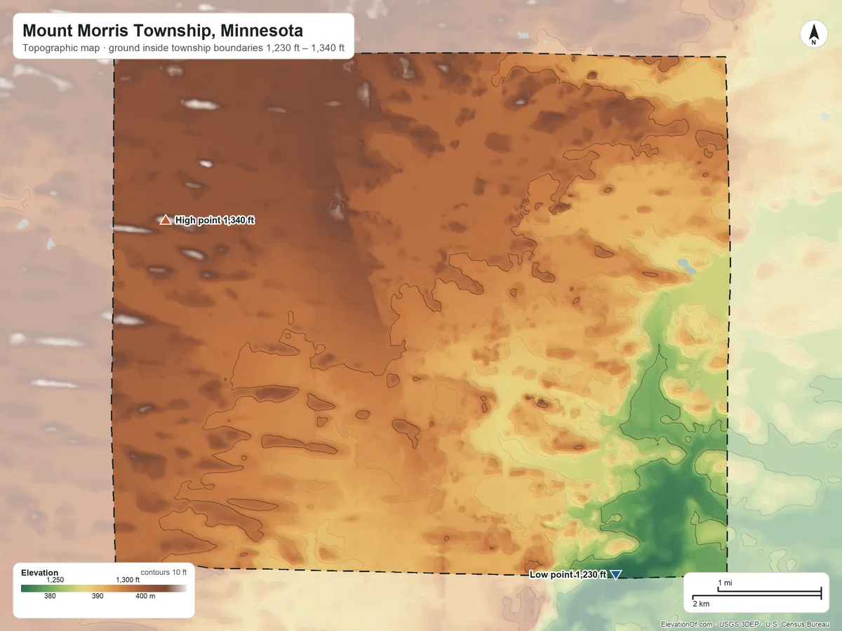 Topographic elevation map of Mount Morris Township, Minnesota, shaded from 1,230 ft on the southeast side to 1,340 ft on the west side