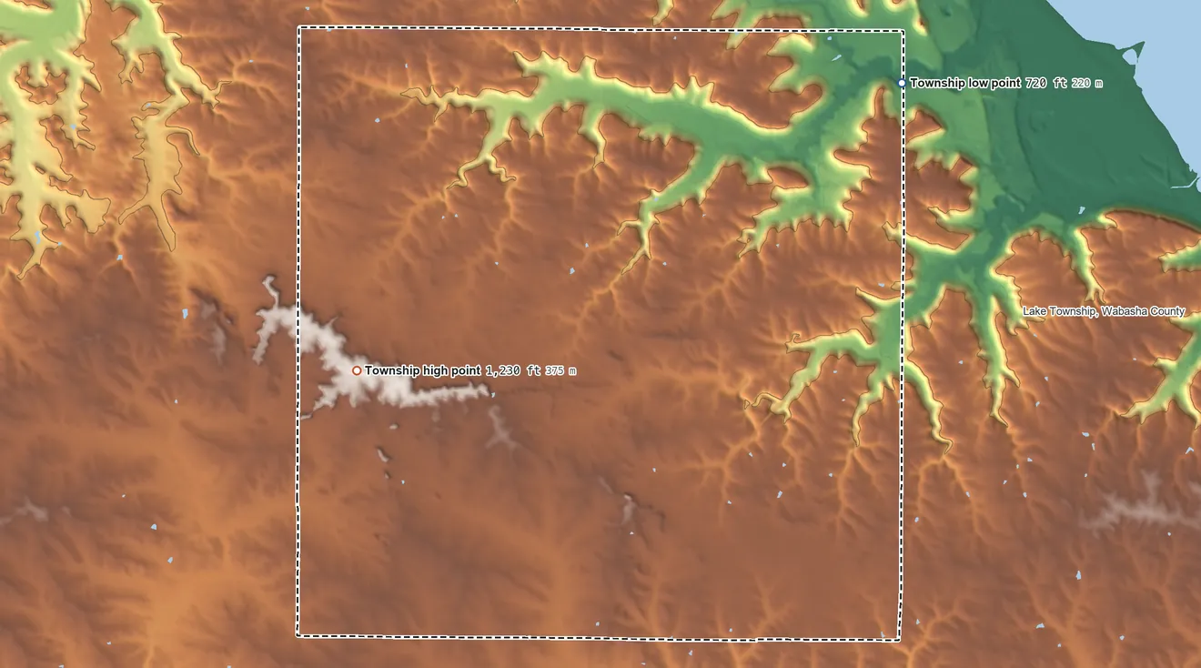 Topographic elevation map of Mount Pleasant Township, Minnesota, shaded from 720 ft on the northeast side to 1,230 ft on the southwest side