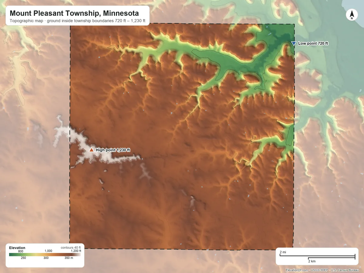 Topographic elevation map of Mount Pleasant Township, Minnesota, shaded from 720 ft on the northeast side to 1,230 ft on the southwest side