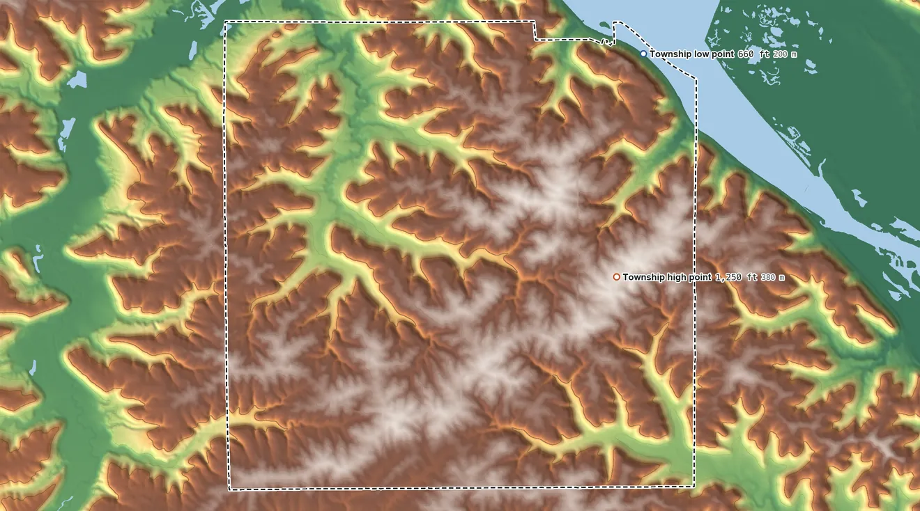 Topographic elevation map of Mount Vernon Township, Minnesota, shaded from 660 ft on the northeast side to 1,250 ft on the east side