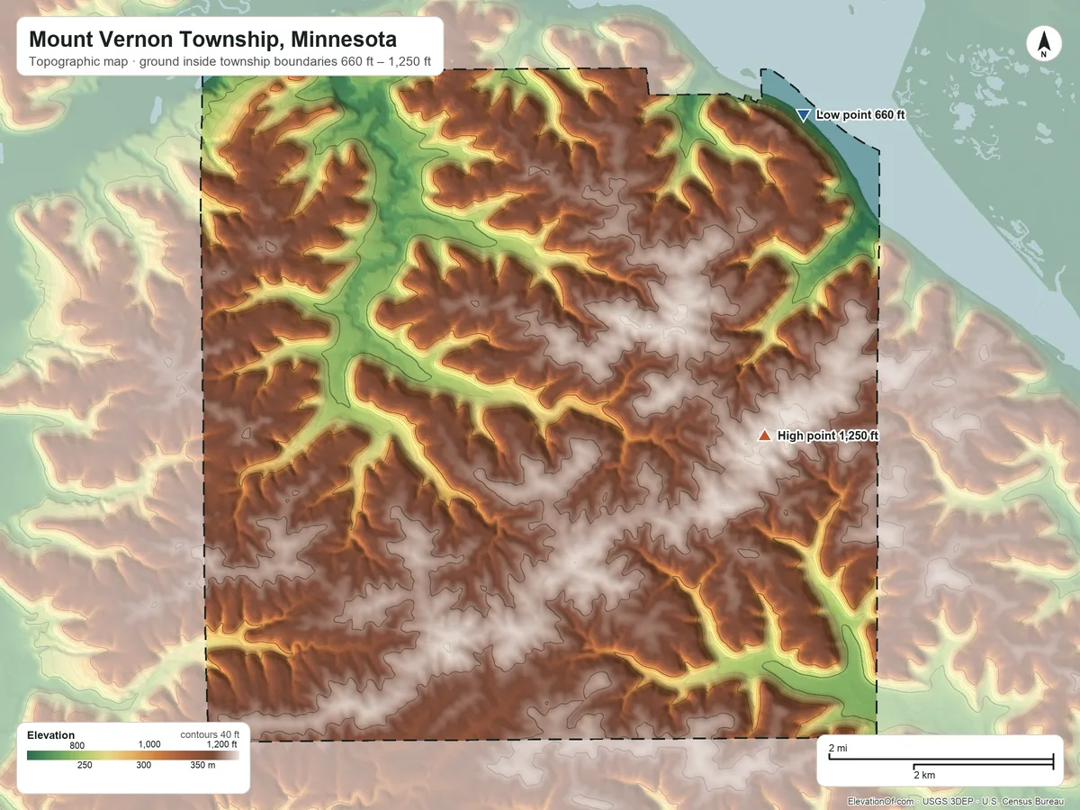 Topographic elevation map of Mount Vernon Township, Minnesota, shaded from 660 ft on the northeast side to 1,250 ft on the east side