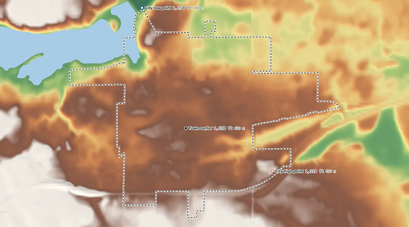 Topographic elevation map of Mountain Lake, Minnesota, shaded from 1,250 ft on the north side to 1,310 ft on the southeast side