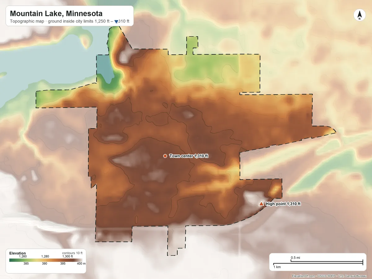 Topographic elevation map of Mountain Lake, Minnesota, shaded from 1,250 ft on the north side to 1,310 ft on the southeast side