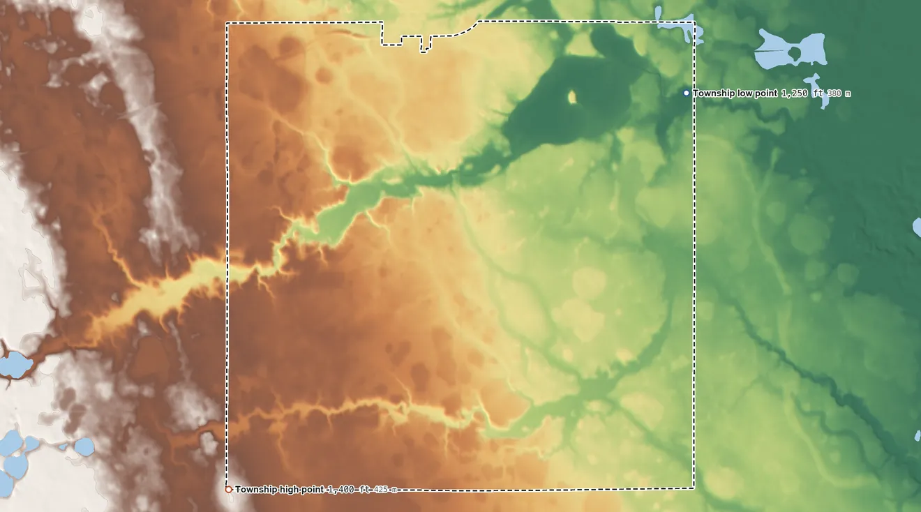 Topographic elevation map of Mountain Lake Township, Minnesota, shaded from 1,250 ft on the northeast side to 1,400 ft on the southwest side
