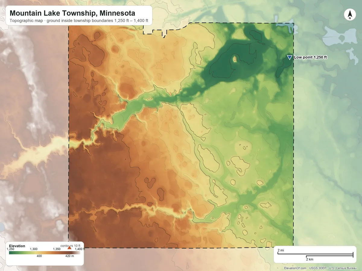 Topographic elevation map of Mountain Lake Township, Minnesota, shaded from 1,250 ft on the northeast side to 1,400 ft on the southwest side
