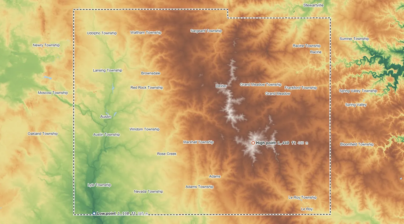 Topographic elevation map of Mower County, Minnesota, shaded from 1,130 ft on the southwest side to 1,440 ft on the southeast side