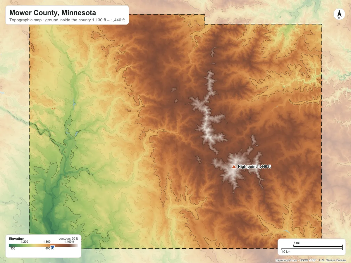 Topographic elevation map of Mower County, Minnesota, shaded from 1,130 ft on the southwest side to 1,440 ft on the southeast side