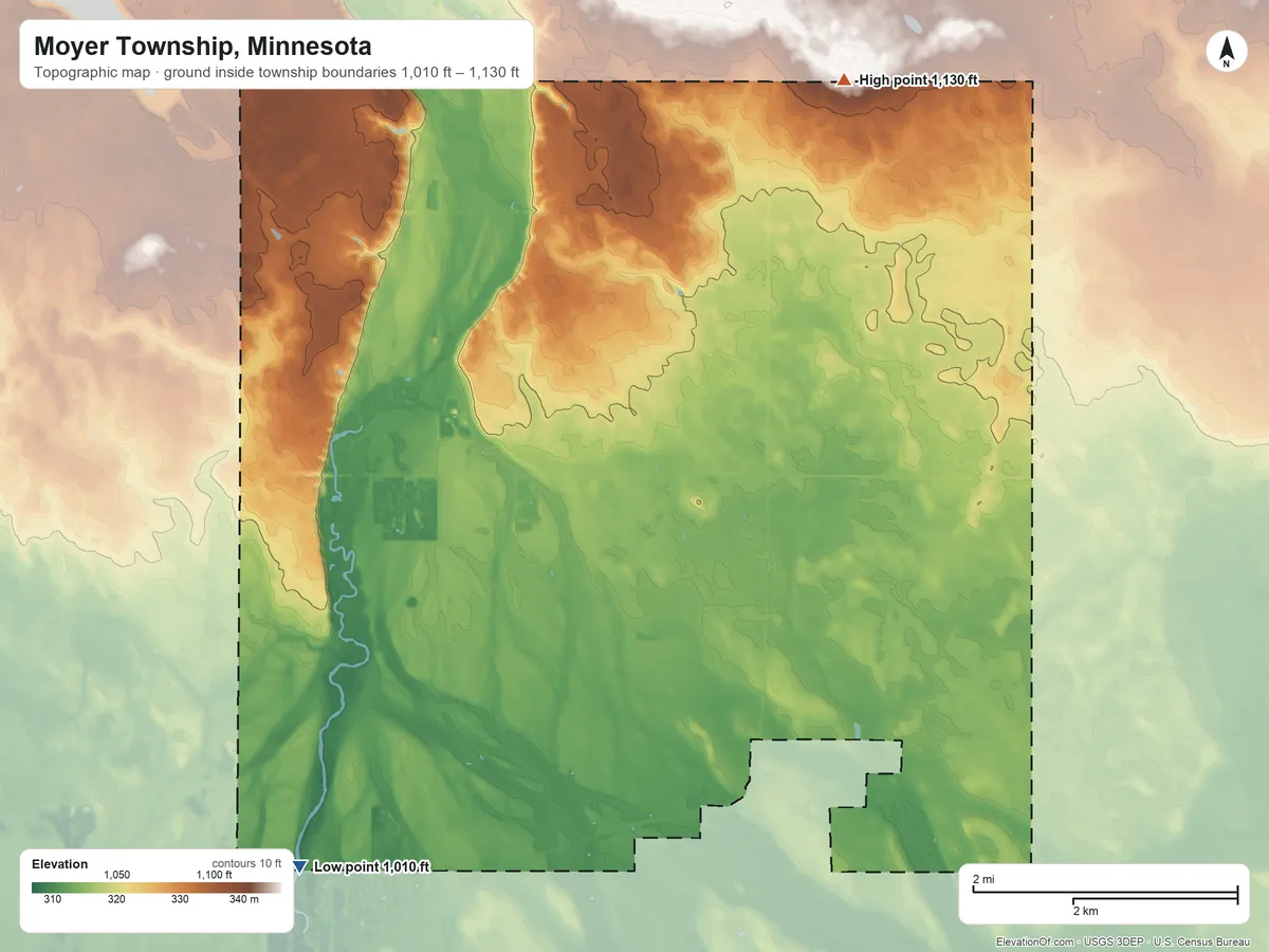 Topographic elevation map of Moyer Township, Minnesota, shaded from 1,010 ft on the southwest side to 1,130 ft on the northeast side