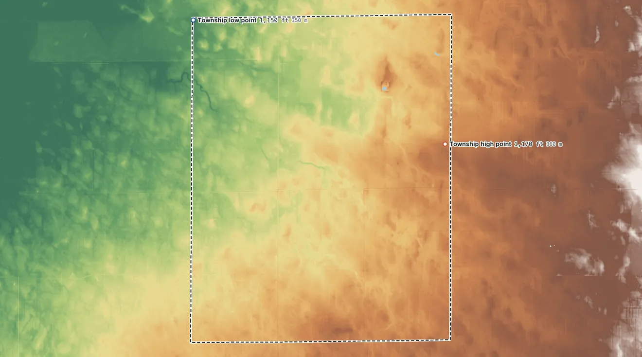 Topographic elevation map of Moylan Township, Minnesota, shaded from 1,150 ft on the northwest side to 1,170 ft on the northeast side