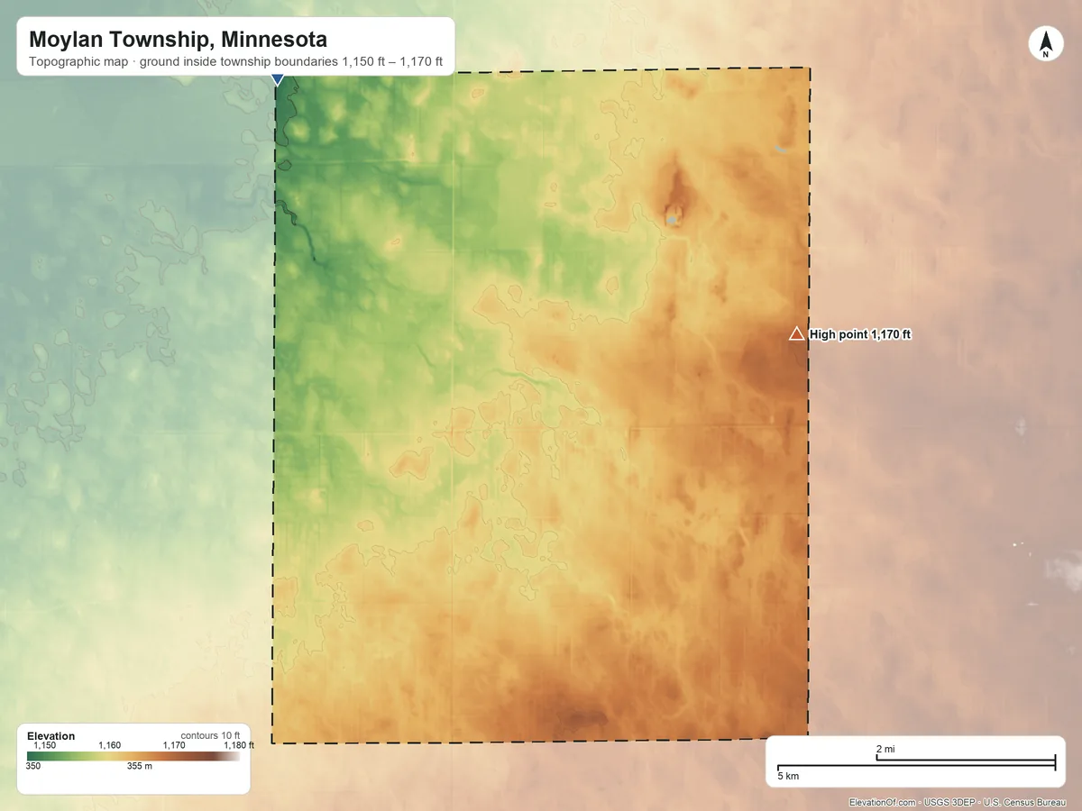 Topographic elevation map of Moylan Township, Minnesota, shaded from 1,150 ft on the northwest side to 1,170 ft on the northeast side