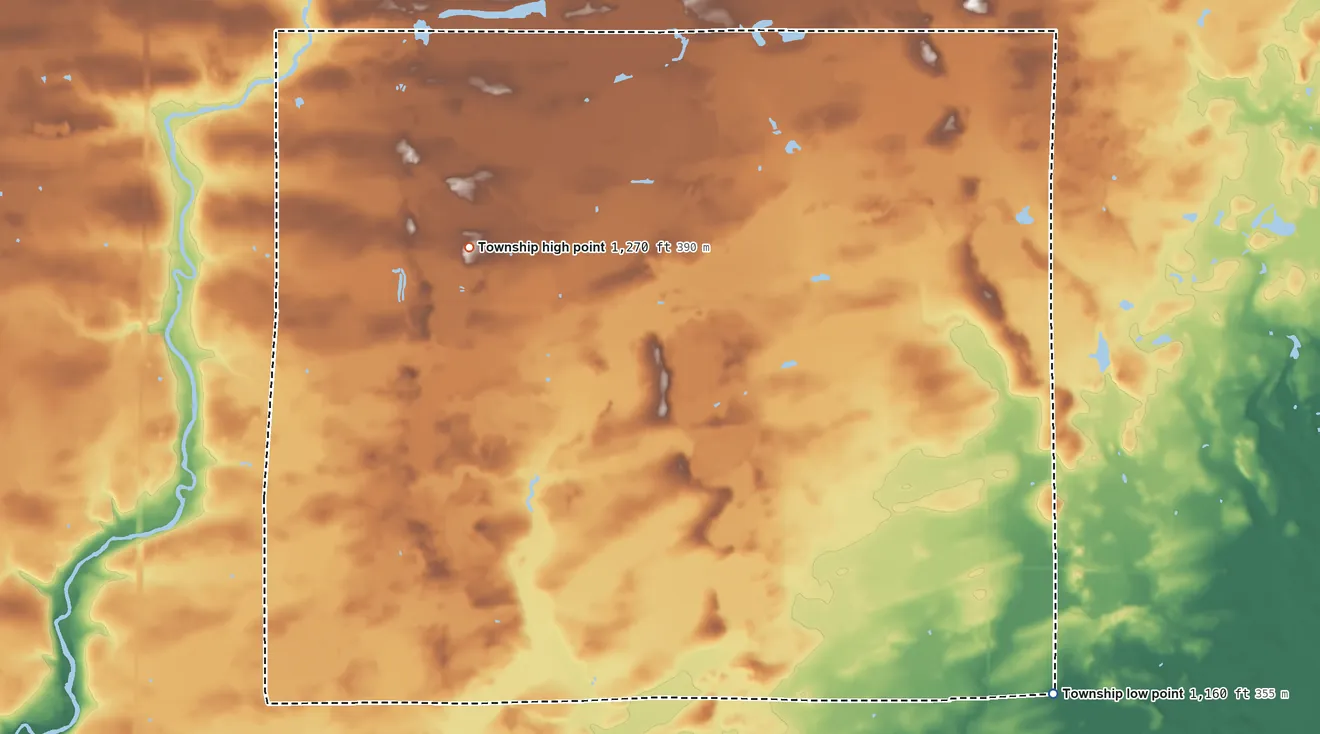 Topographic elevation map of Mudgett Township, Minnesota, shaded from 1,160 ft on the southeast side to 1,270 ft on the north side