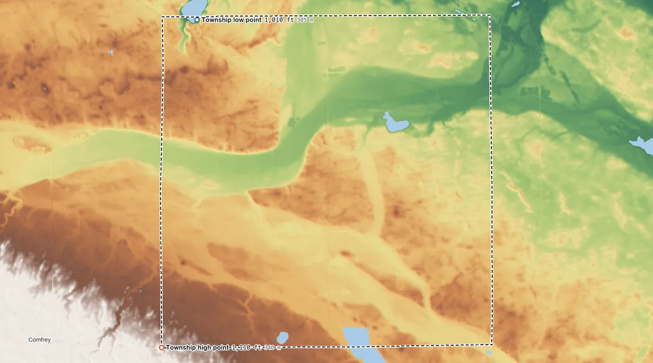 Topographic elevation map of Mulligan Township, Minnesota, shaded from 1,010 ft on the northwest side to 1,110 ft on the southwest side