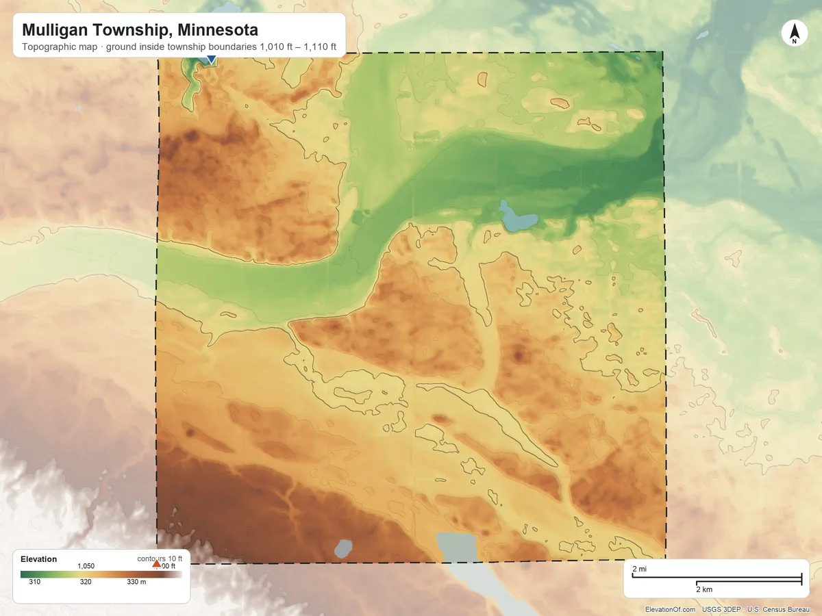 Topographic elevation map of Mulligan Township, Minnesota, shaded from 1,010 ft on the northwest side to 1,110 ft on the southwest side