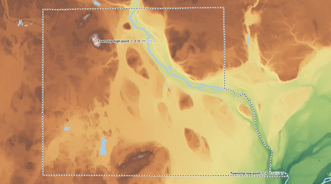 Topographic elevation map of Munch Township, Minnesota, shaded from 850 ft on the east side to 1,030 ft on the north side