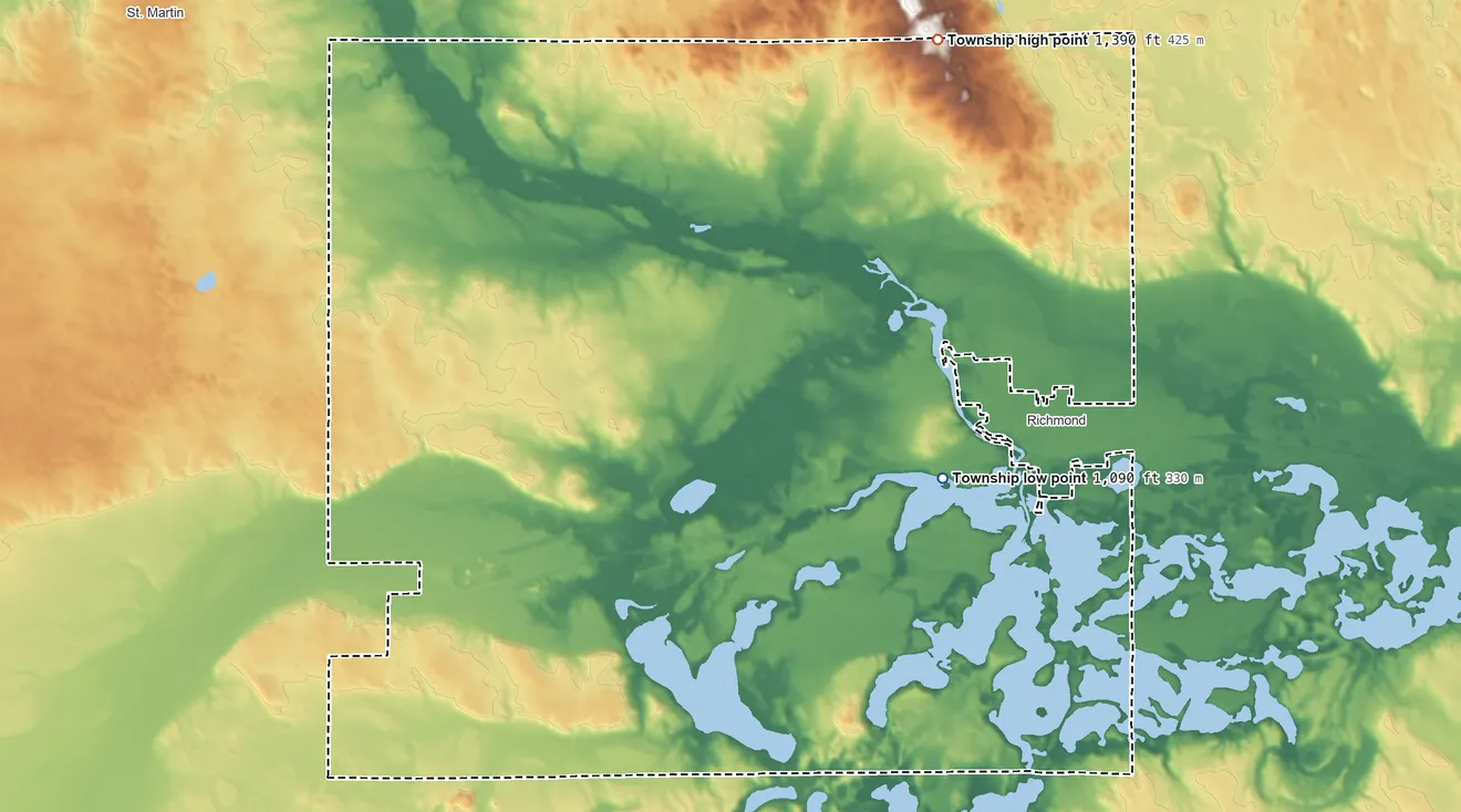 Topographic elevation map of Munson Township, Minnesota, shaded from 1,090 ft near the middle to 1,390 ft on the north side