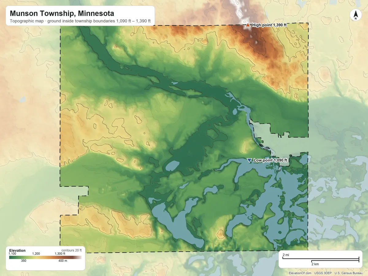 Topographic elevation map of Munson Township, Minnesota, shaded from 1,090 ft near the middle to 1,390 ft on the north side