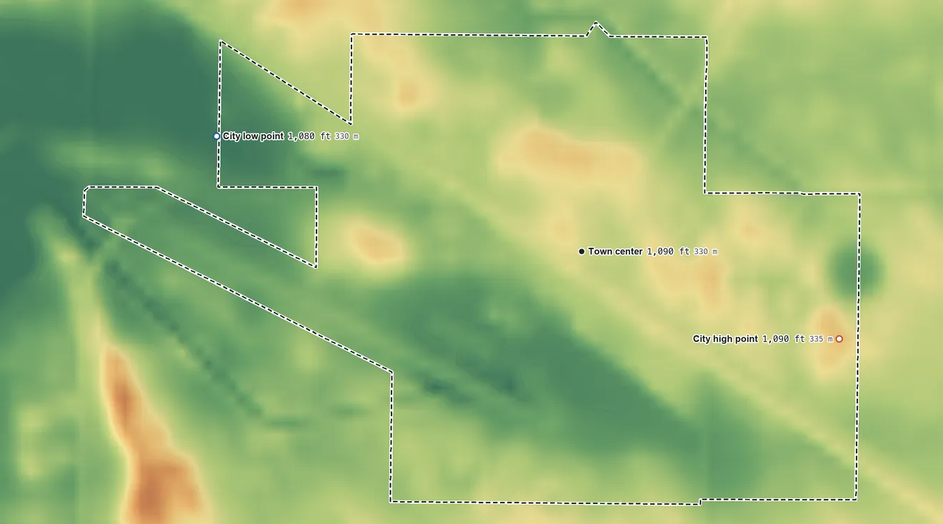 Topographic elevation map of Murdock, Minnesota, shaded from 1,080 ft on the west side to 1,090 ft on the east side