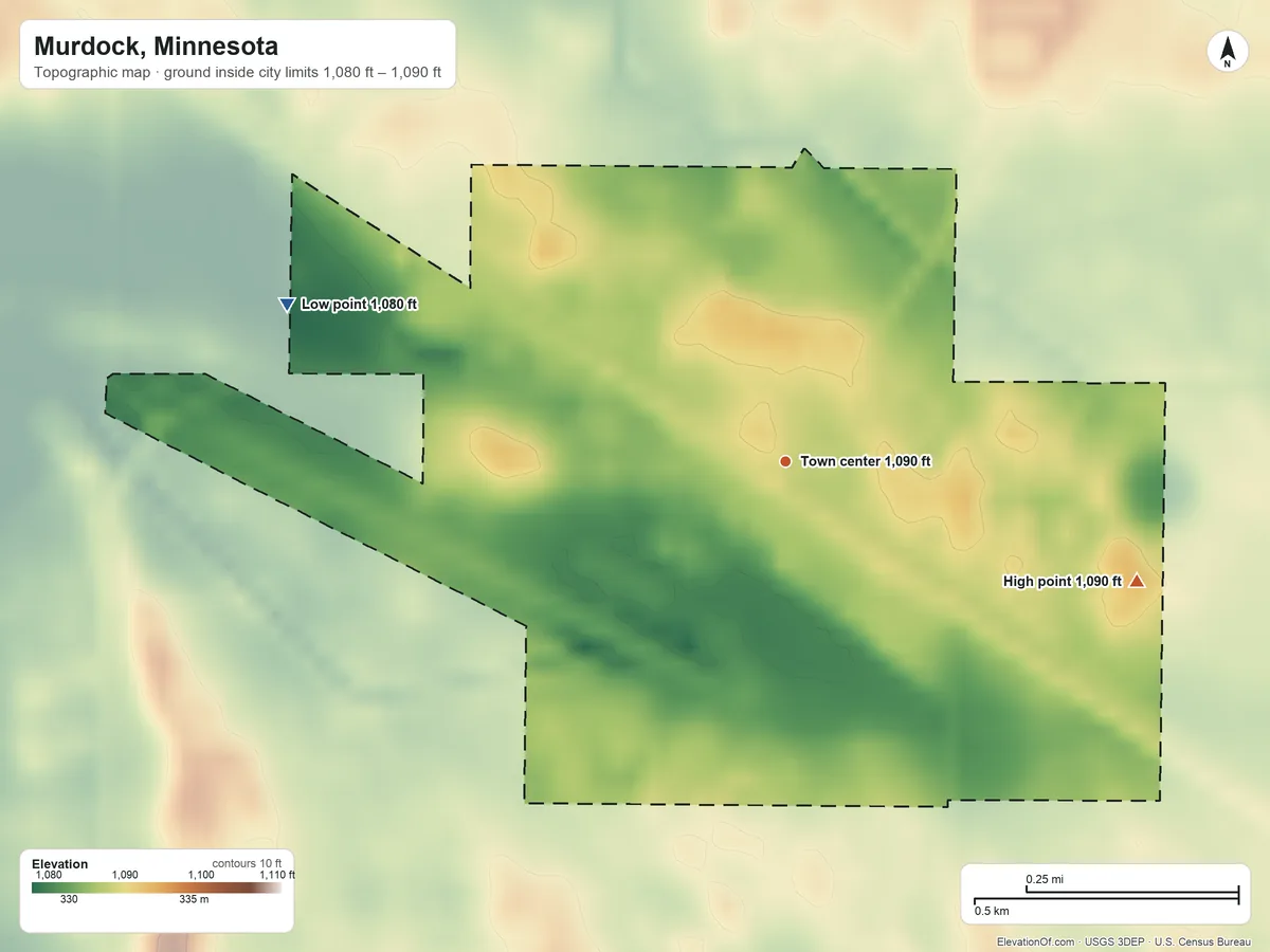 Topographic elevation map of Murdock, Minnesota, shaded from 1,080 ft on the west side to 1,090 ft on the east side