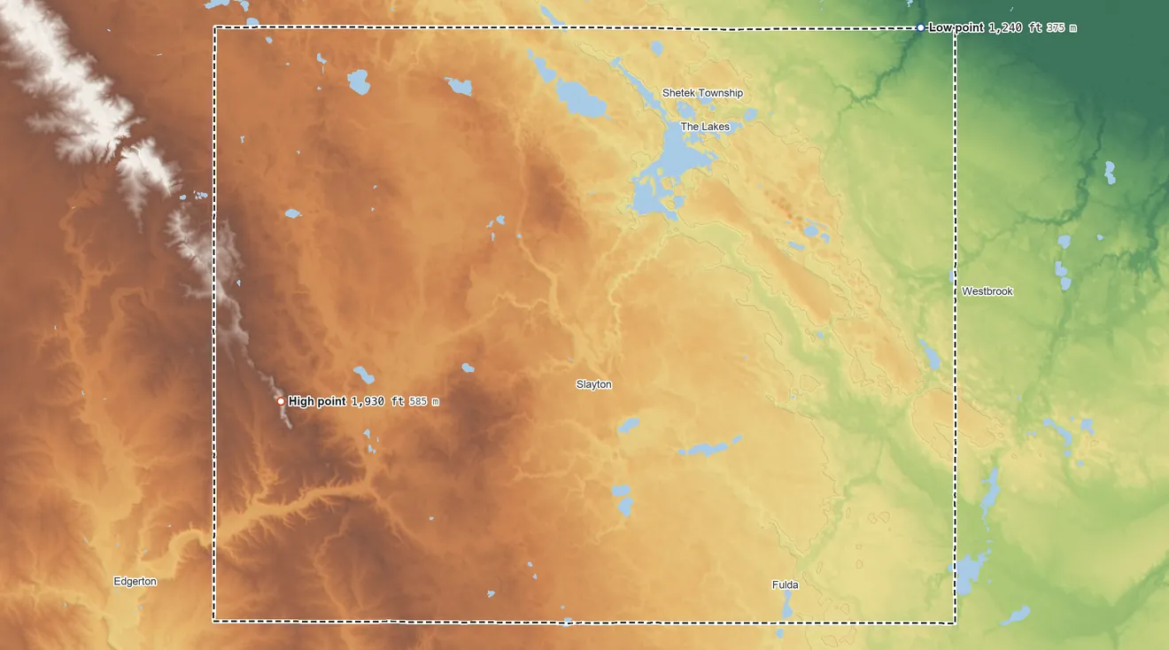 Topographic elevation map of Murray County, Minnesota, shaded from 1,240 ft on the northeast side to 1,930 ft on the west side